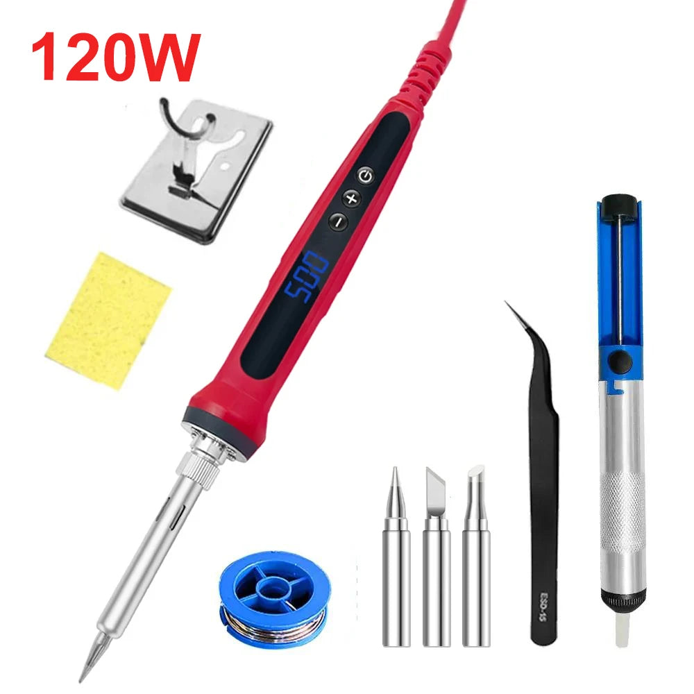 80W Soldering Iron Kit Adjustable Temperature LCD Solder Welding Tools Ceramic Heater Soldering Tips Tweezers Soldering Wire