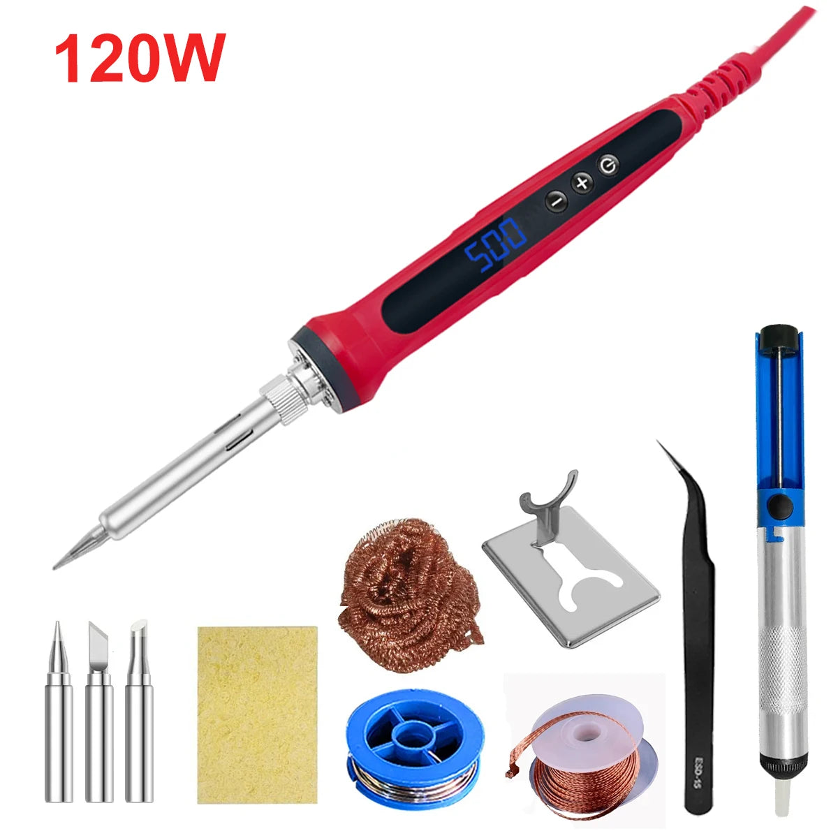 80W Soldering Iron Kit Adjustable Temperature LCD Solder Welding Tools Ceramic Heater Soldering Tips Tweezers Soldering Wire