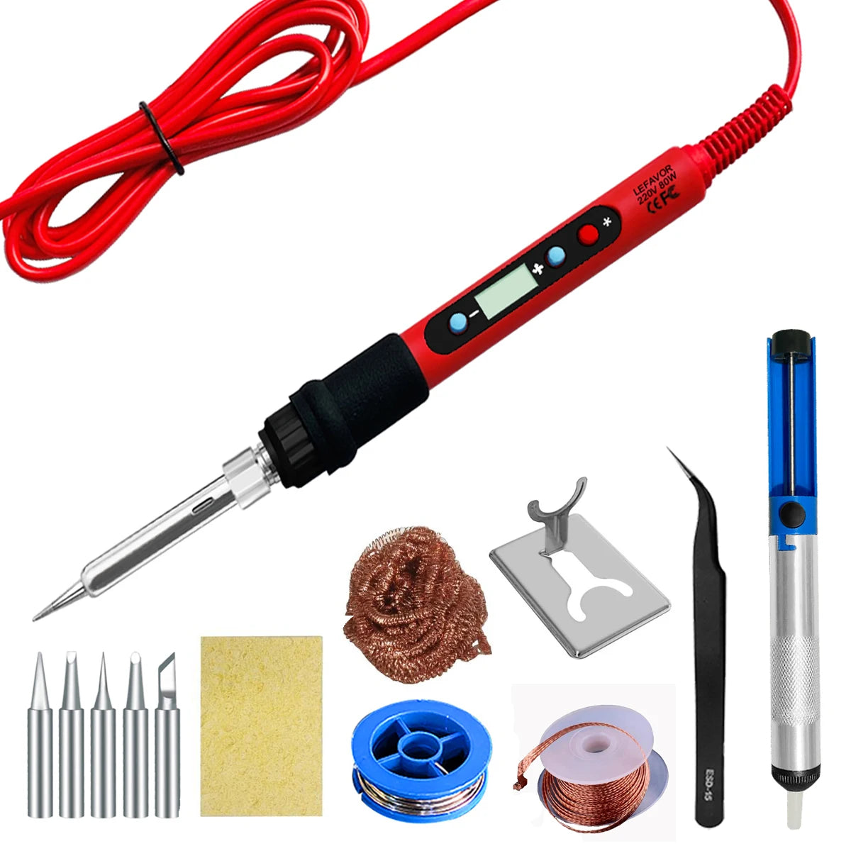 80W Soldering Iron Kit Adjustable Temperature LCD Solder Welding Tools Ceramic Heater Soldering Tips Tweezers Soldering Wire