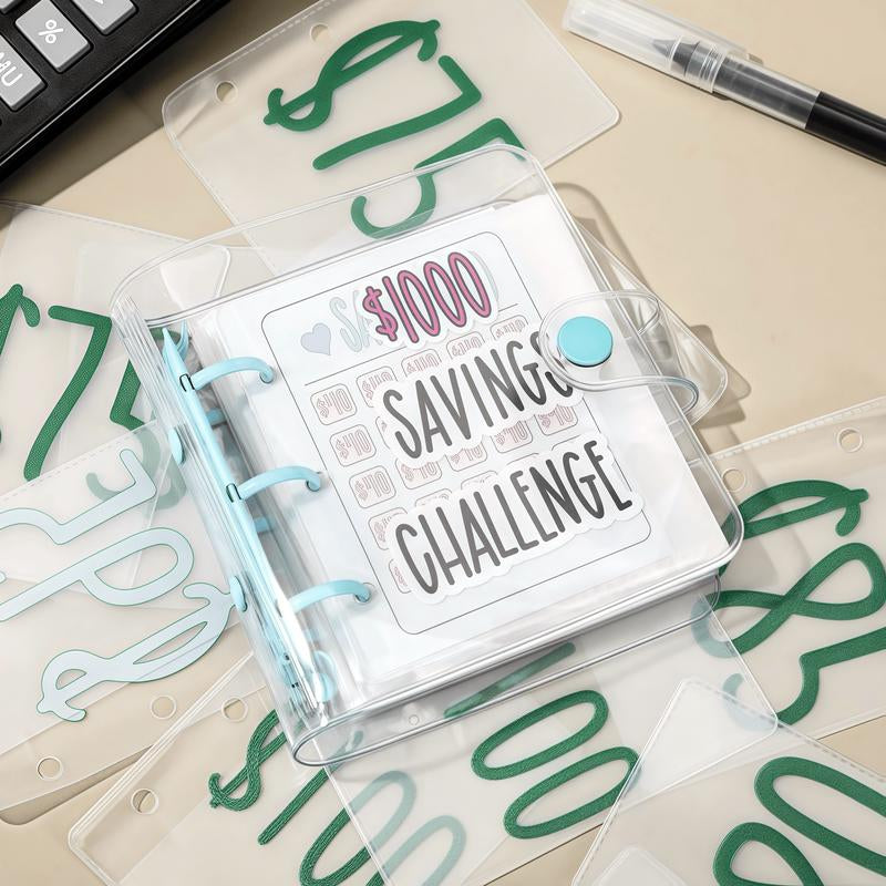 $1000 Saving Challenge Book with Clear Cover-Track Cash Goals, Build Better Habits, Stay Organized with This Reusable Budget Binder Workbook Journal